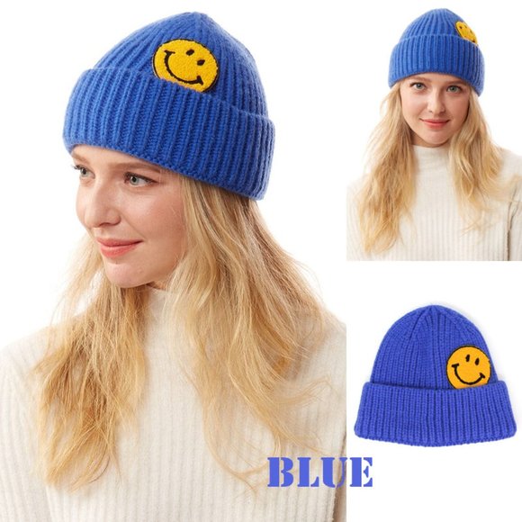 NEW Smile Smiley Happy Face Patch Cozy Soft Rib Knit Beanie Hat Ivory Black Gray - Picture 12 of 14
